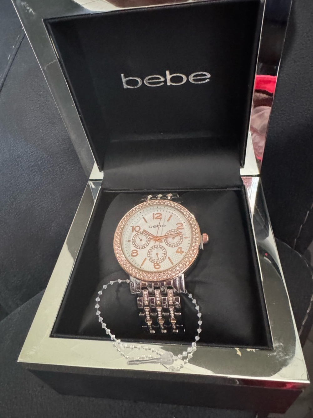 bebe Rose Gold and Silver Crystal-Accented Women's Bracelet Watch